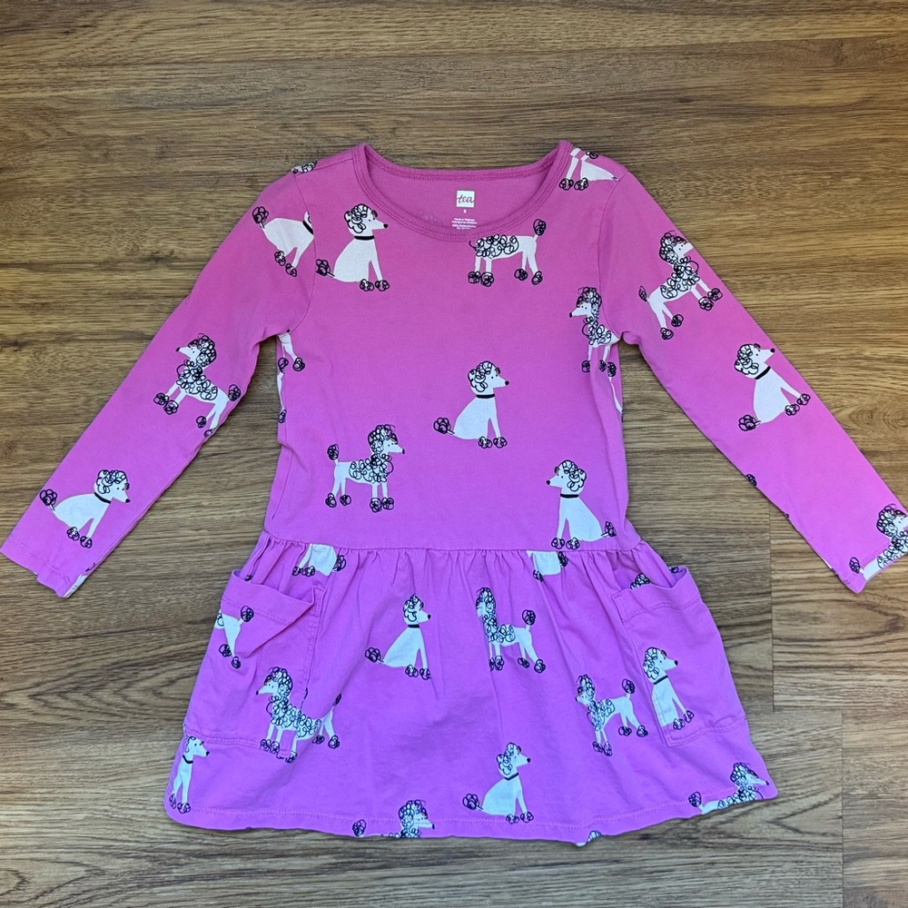 Tea Collection Pink Long Sleeve Pocket Dress with Poodle Print